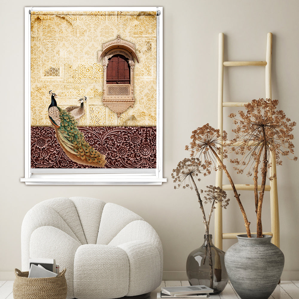 Indian blackout window blind with two peacocks below a carved jharokha window on a gold damask wall - Lolli & Omi