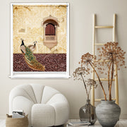 Indian blackout window blind with two peacocks below a carved jharokha window on a gold damask wall - Lolli & Omi