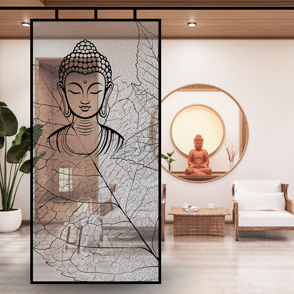 Buddha and bodhi leaf glass film on a window — Lolli & Omi