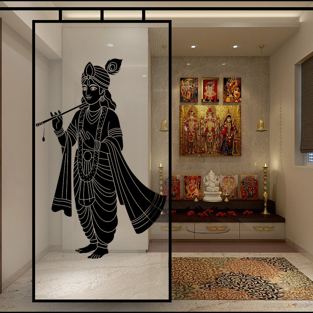 Krishna with flute glass film on a pooja room window — Lolli & Omi