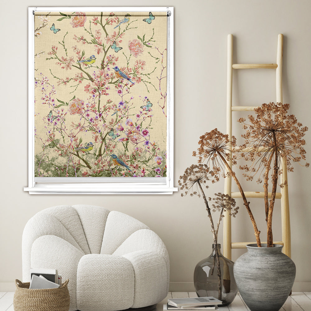 Floral blackout window blind with pink cherry blossoms, blue songbirds and butterflies on an aged cream background - Lolli & Omi