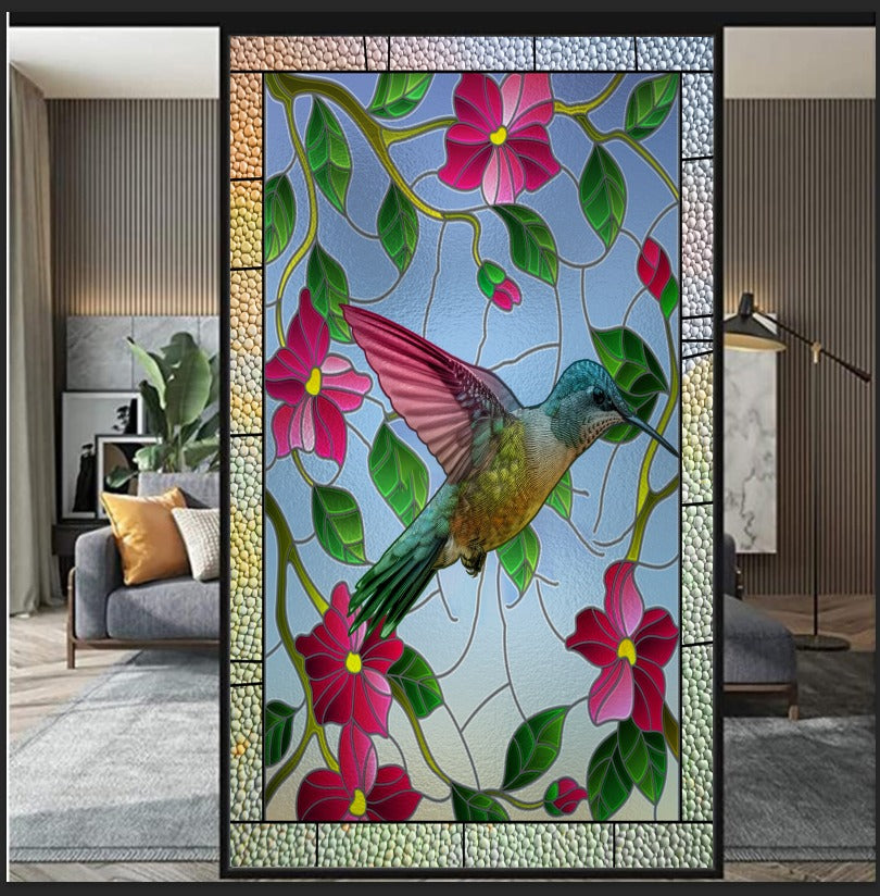 Stained glass hummingbird film on a window — Lolli & Omi