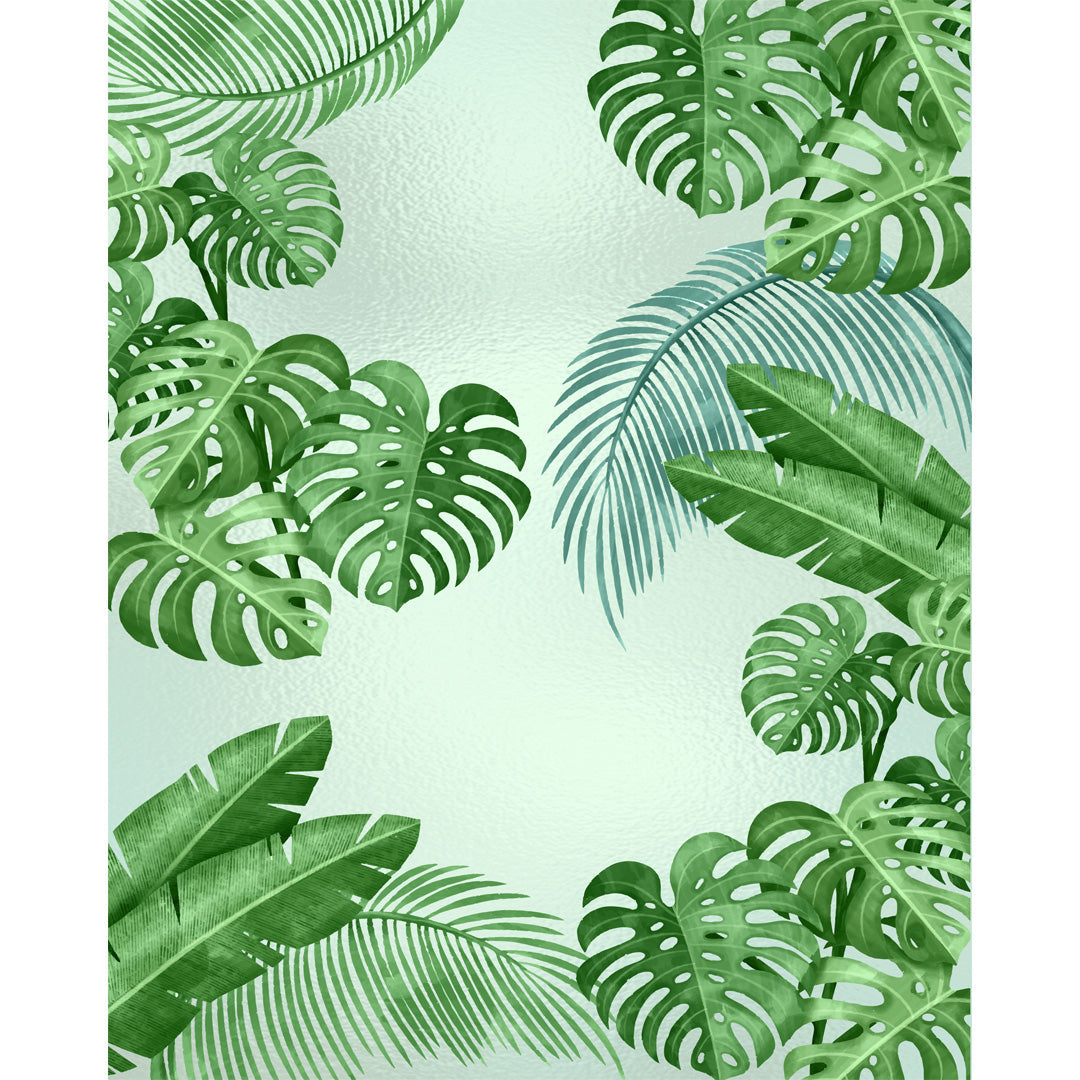 Verdant Monstera Haven glass film pattern in layered greens, full design view