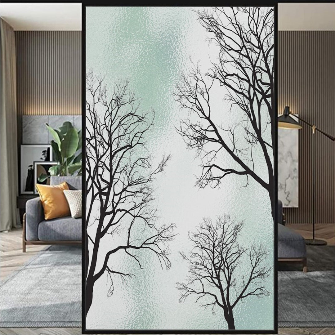 Black winter tree glass film on a room divider panel — Lolli & Omi