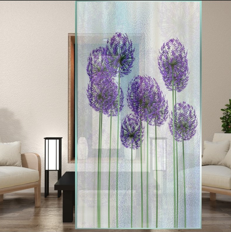 Purple allium frosted glass film on a window — Lolli & Omi