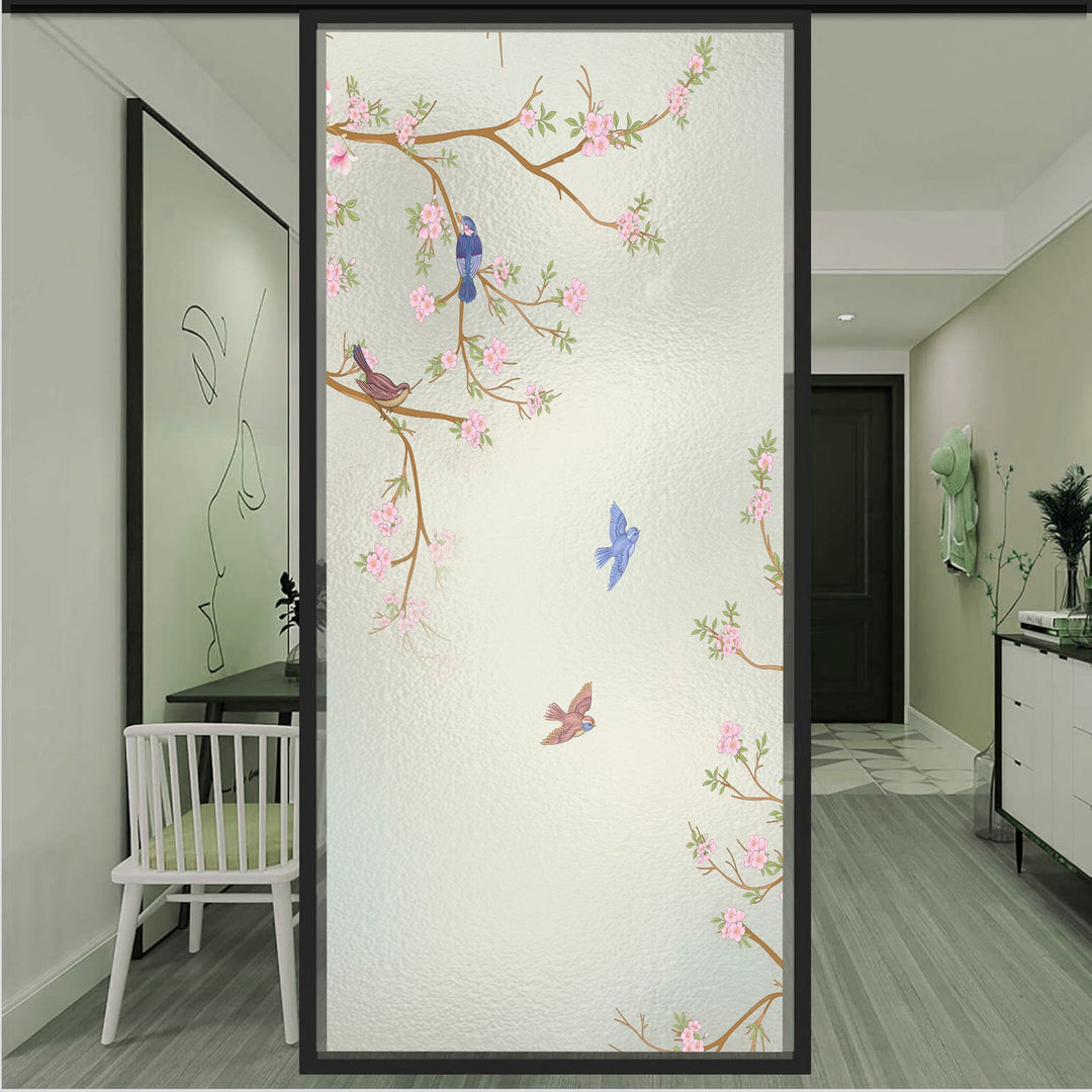 Blossom Birds Frost glass film pattern in pink, green and brown, full design view