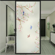 Blossom Birds Frost glass film pattern in pink, green and brown, full design view