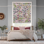 Load image into Gallery viewer, Floral blackout window blind with magenta, amber and purple wildflowers scattered on a soft blush ground - Lolli &amp; Omi