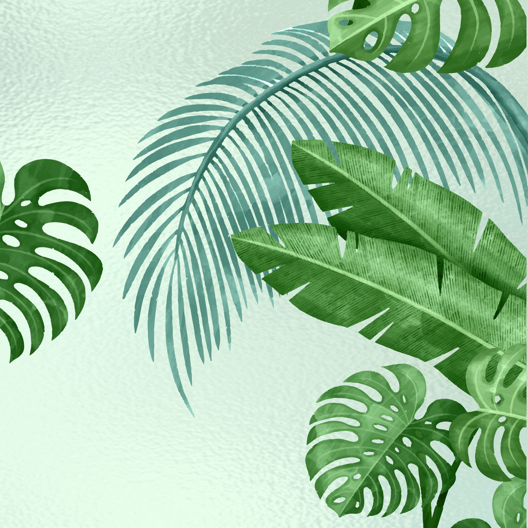 Close-up detail of Verdant Monstera Haven showing palm and banana leaf brushwork