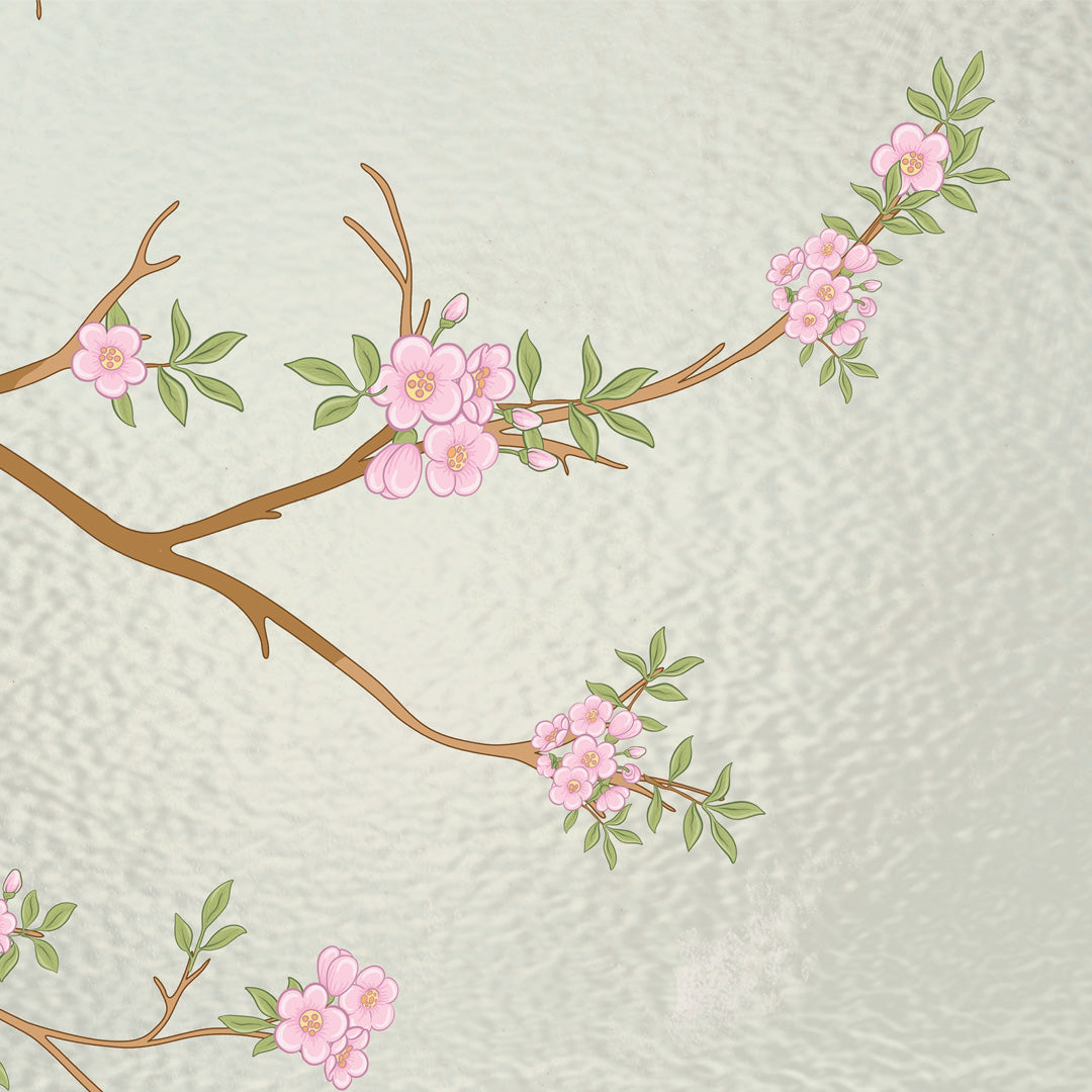 Close-up detail of Blossom Birds Frost showing songbird on blossom branch