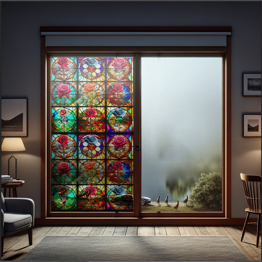 Stained glass rose medallion film on a window — Lolli & Omi