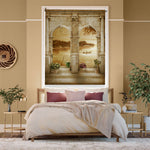 Load image into Gallery viewer, 3D blackout window blind showing stone arches opening onto a golden sunset lake with a boatman and terracotta flower urns - Lolli &amp; Omi