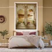 3D blackout window blind showing stone arches opening onto a golden sunset lake with a boatman and terracotta flower urns - Lolli & Omi