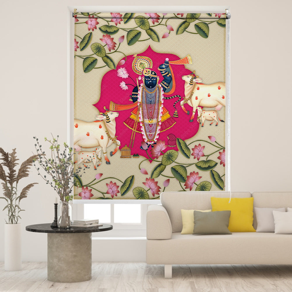 Pichwai blackout window blind with Shrinathji in a magenta arch surrounded by white cows and lotus vines - Lolli & Omi