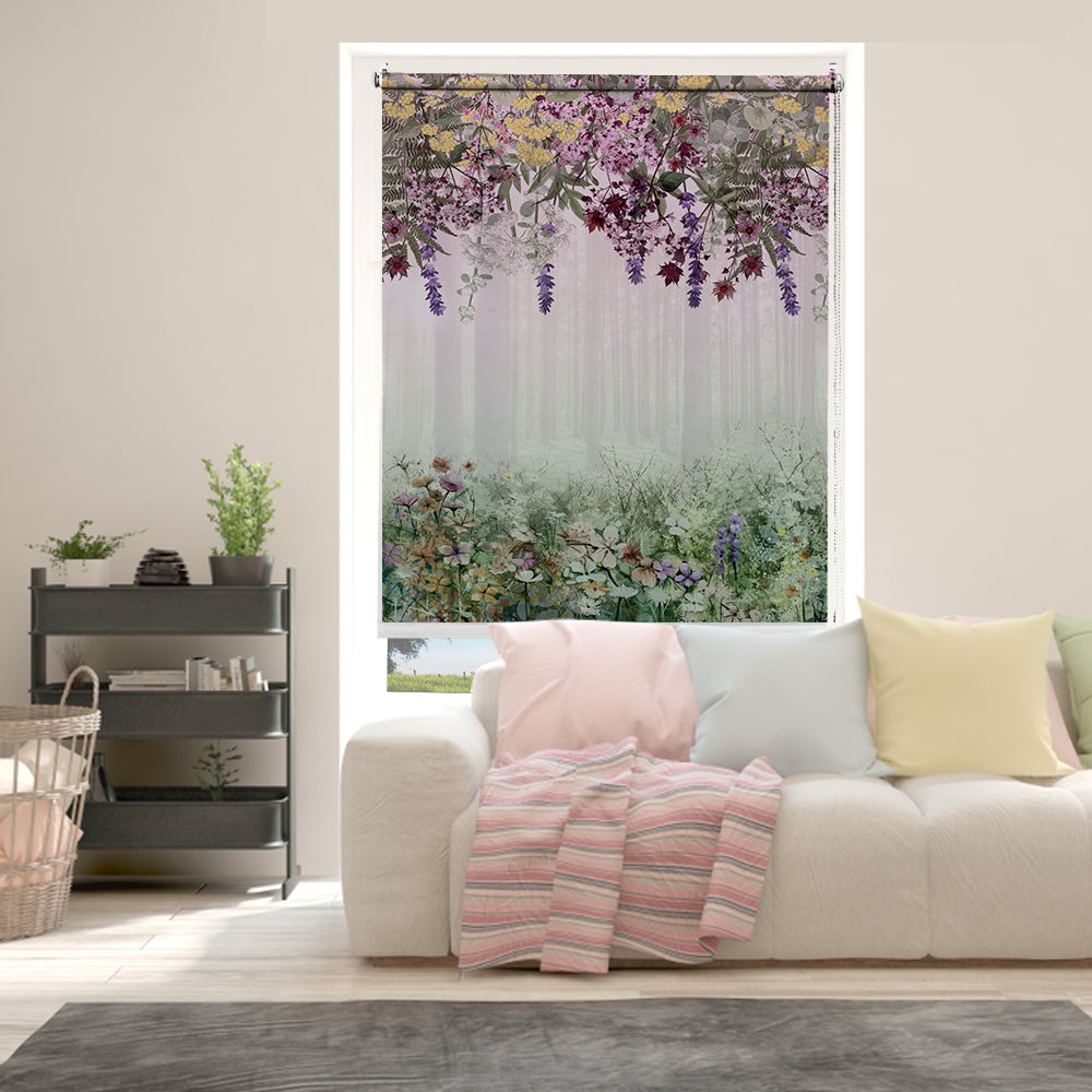 Floral blackout window blind with a misty forest scene, hanging pink and purple blossoms and a wildflower meadow - Lolli & Omi