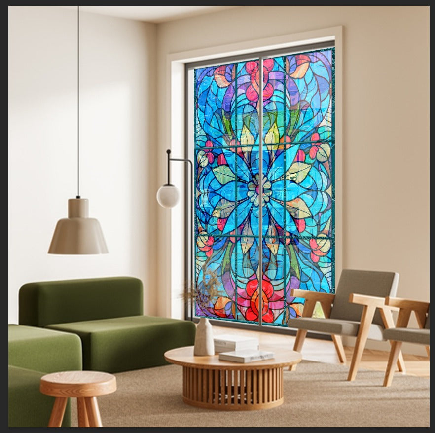 Blue stained glass mandala film on a window — Lolli & Omi