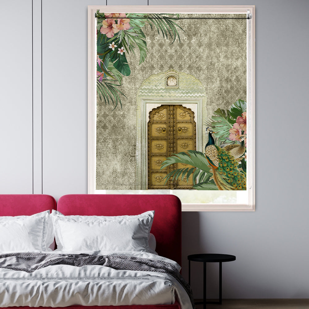 Indian blackout window blind with a carved brass haveli door, peacocks and tropical palm on a damask wall - Lolli & Omi