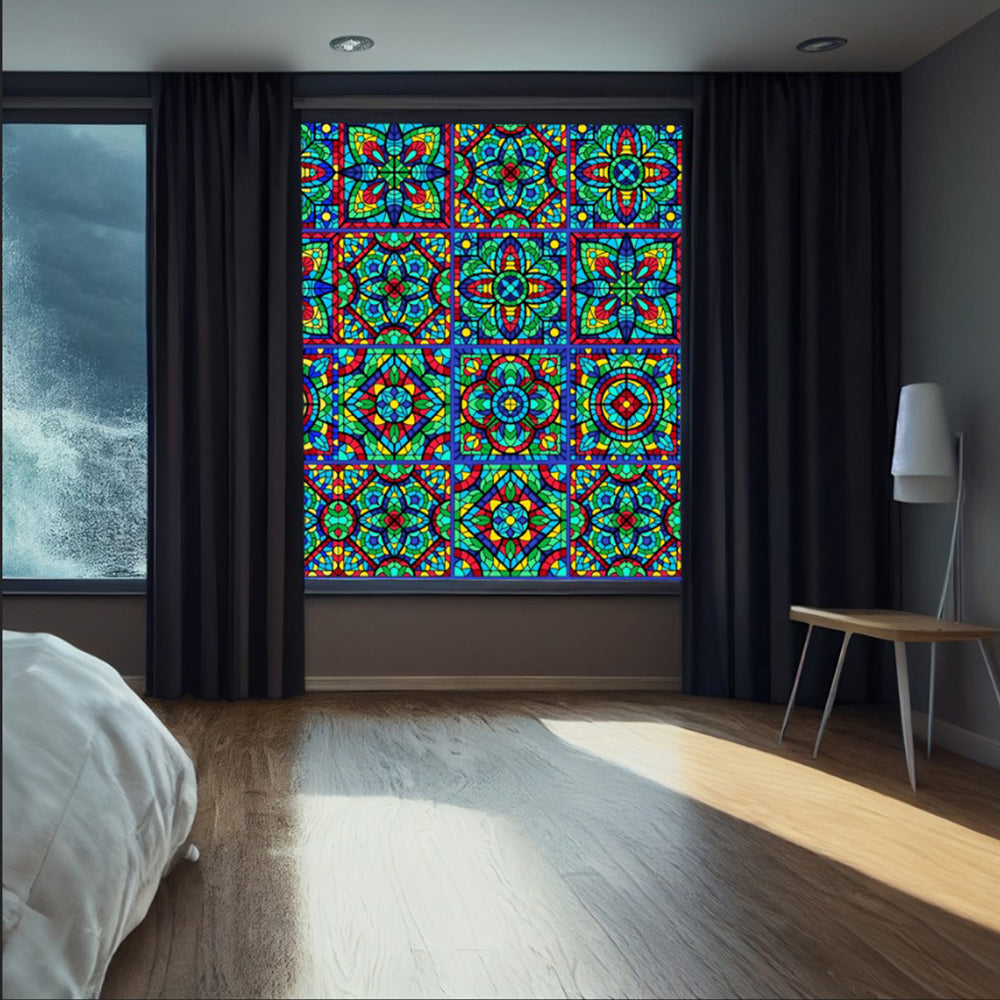 Stained glass mosaic tile film on a window — Lolli & Omi