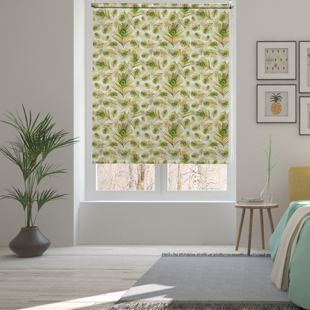 Peacock feather blackout window blind with mor pankh scattered across a soft ivory ground - Lolli & Omi