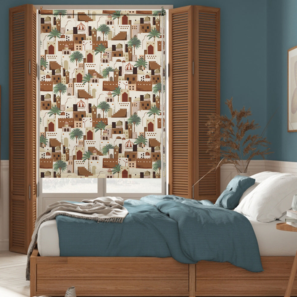 Ethnic blackout window blind with a repeating terracotta desert village of domes, arches and date palms - Lolli & Omi
