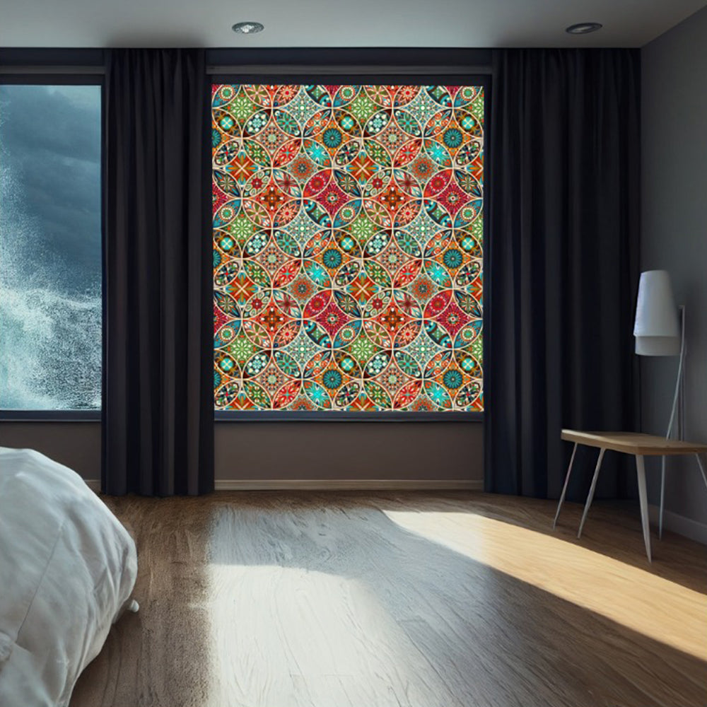 Bohemian tile mandala glass film on a window — Lolli & Omi