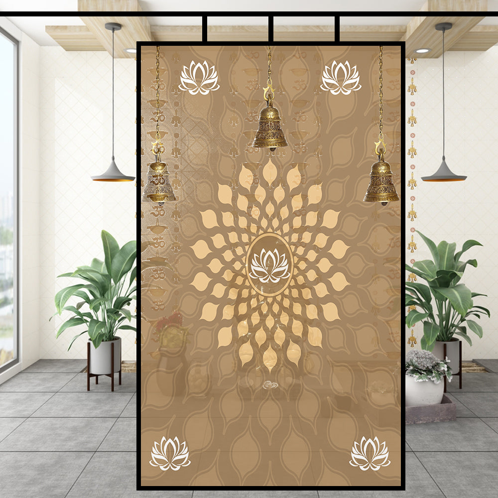 Lotus and temple bell glass film on a pooja room window — Lolli & Omi