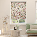 Load image into Gallery viewer, Tropical blackout window blind with blue and gold macaws flying among pink blossom branches on an antique ivory ground - Lolli &amp; Omi