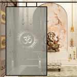 Load image into Gallery viewer, Silver Om print glass film on a pooja room window — Lolli &amp; Omi