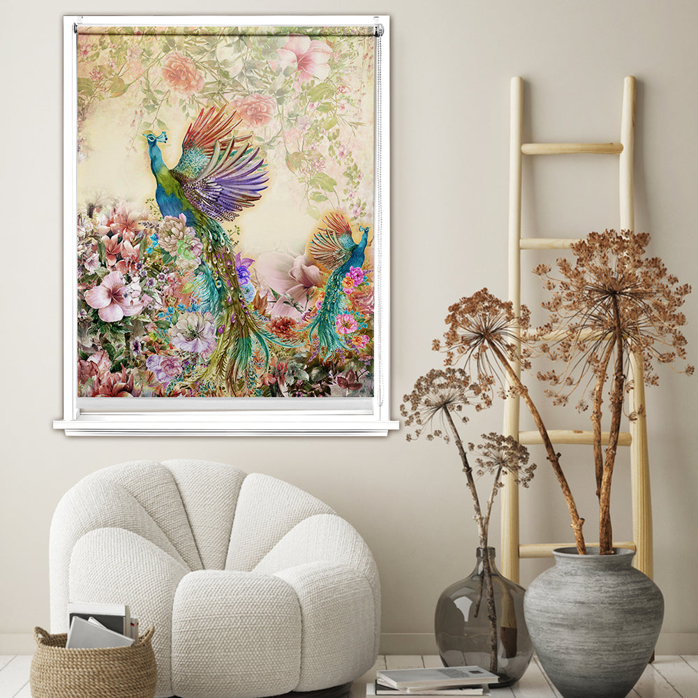 Peacock blackout window blind with two watercolour peacocks above blush pink hibiscus and roses on a warm cream ground - Lolli & Omi