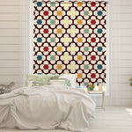 Load image into Gallery viewer, Moroccan geometric blackout window blind with a hexagon lattice in maroon, cream, mustard and teal - Lolli &amp; Omi