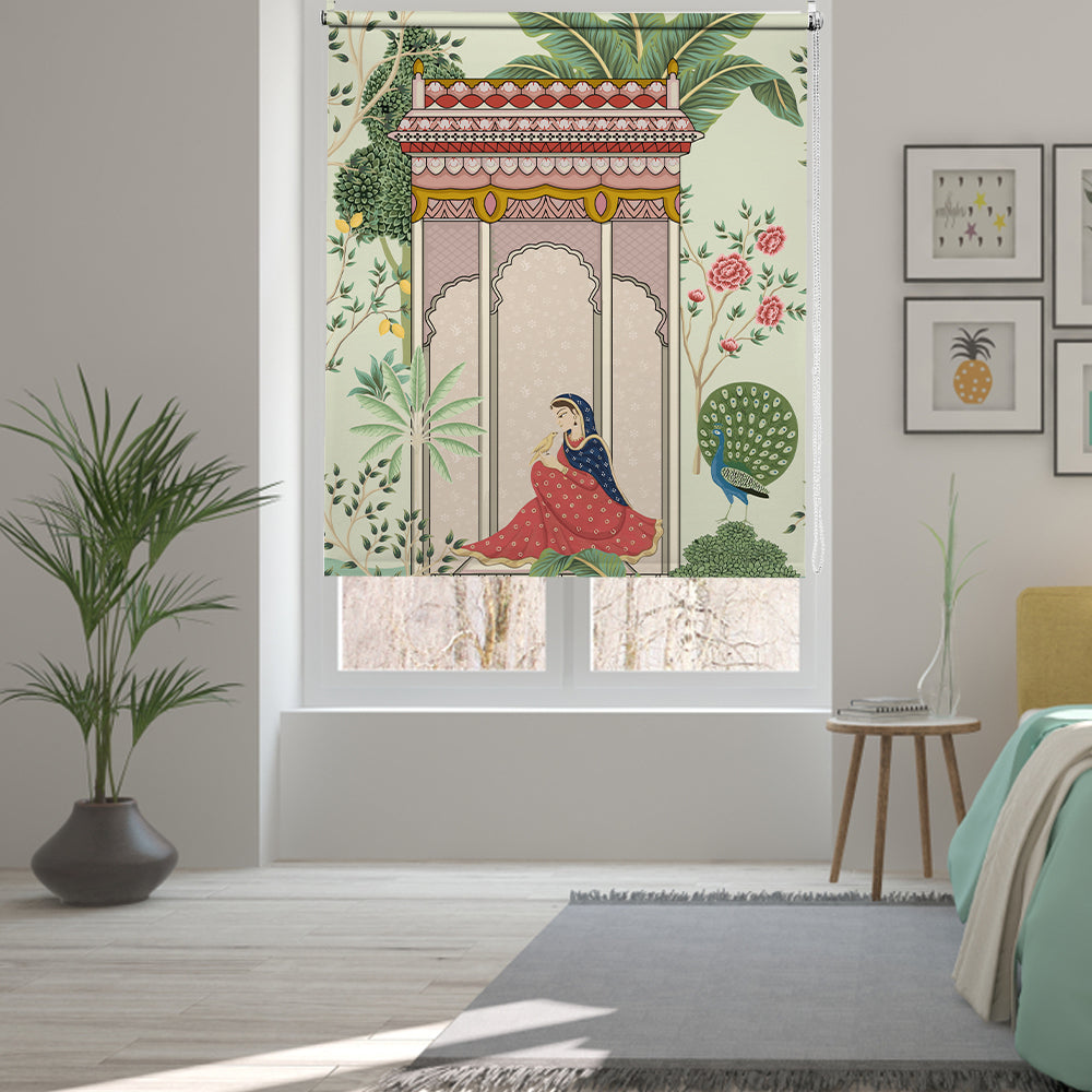 Pichwai blind with rani, songbird and peacock on mint green — Lolli & Omi