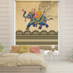 Load image into Gallery viewer, Rajasthani blackout window blind with a blue caparisoned elephant carrying a royal rider and a lotus - Lolli &amp; Omi