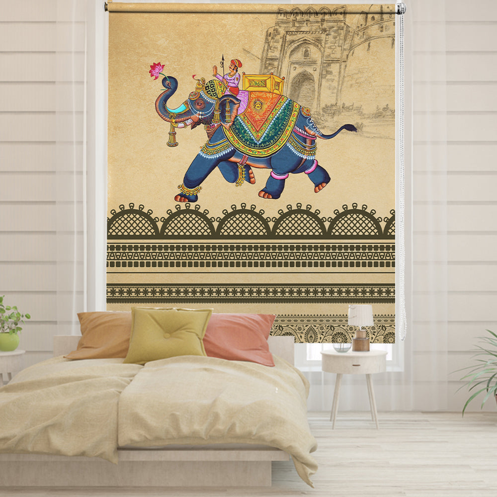 Rajasthani blackout window blind with a blue caparisoned elephant carrying a royal rider and a lotus - Lolli & Omi