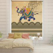 Rajasthani blackout window blind with a blue caparisoned elephant carrying a royal rider and a lotus - Lolli & Omi