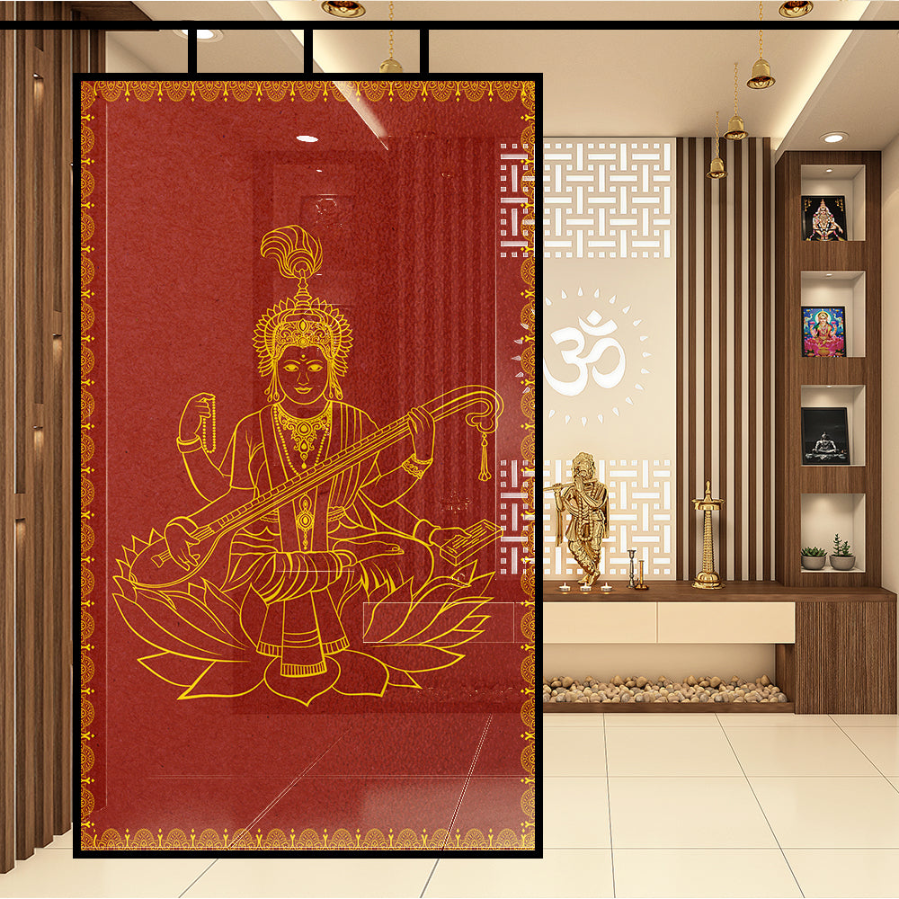 Saraswati print glass film on a pooja room window — Lolli & Omi