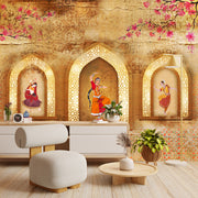 3D golden wallpaper with Indian dance motifs in arched niches, paired with beige modern furniture — Dharohar mockup.