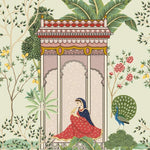 Load image into Gallery viewer, Rani and the Songbird blind pattern in green, pink, red and blue, full design view