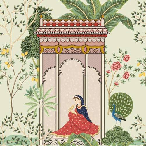 Rani and the Songbird blind pattern in green, pink, red and blue, full design view