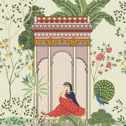 Rani and the Songbird blind pattern in green, pink, red and blue, full design view
