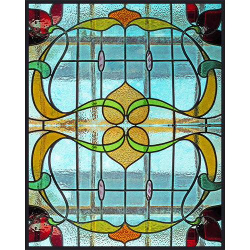 Victorian Amber Scroll glass film pattern in amber, green and aqua, full design view