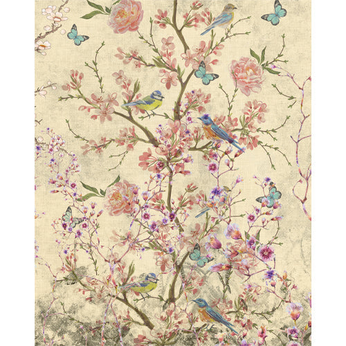 Vintage blossom birds blind pattern in pink, blue, green and brown, full design view