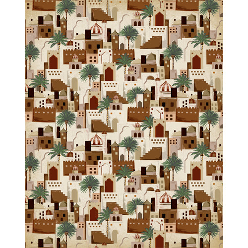 Terracotta desert village blind pattern in white, brown, green and orange, full design view