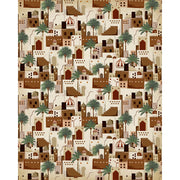 Terracotta desert village blind pattern in white, brown, green and orange, full design view