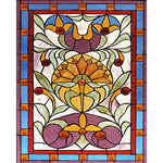 Load image into Gallery viewer, Golden Tulip Radiance glass film pattern in gold, plum and blue, full design view