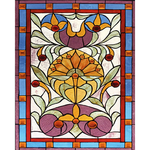 Golden Tulip Radiance glass film pattern in gold, plum and blue, full design view
