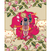 Shrinathji and the Holy Herd blind design in white, pink, green and black, full view