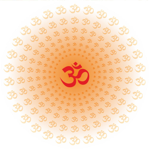 Sacred Om Mandala blind pattern in red and orange, full design view
