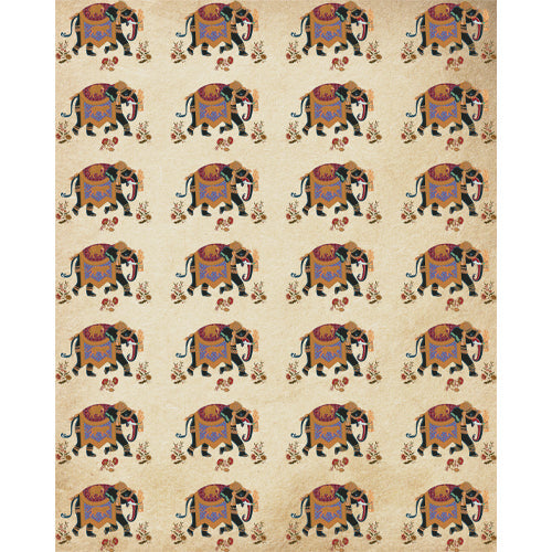 Royal elephant procession blind pattern in white, black, brown, blue and red, full design view