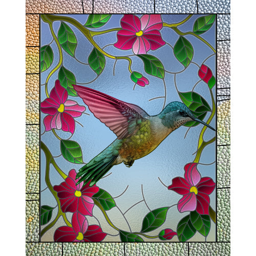 Hummingbird Bloom glass film pattern in blue, magenta and green, full design view