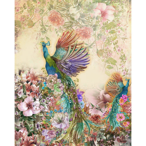 Peacock garden reverie blind design in pink, green, blue, purple and yellow, full view